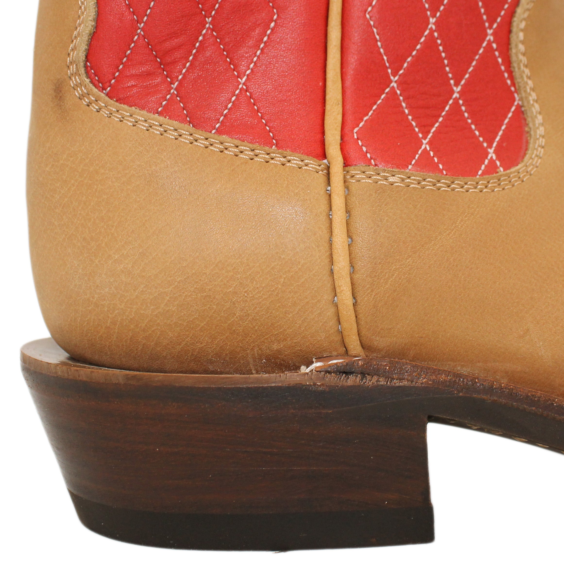 14" Red upper w/& Diamond Stitching

Buckskin Steer Vamp

Wide French Square Toe

Slightly Tapered Heel