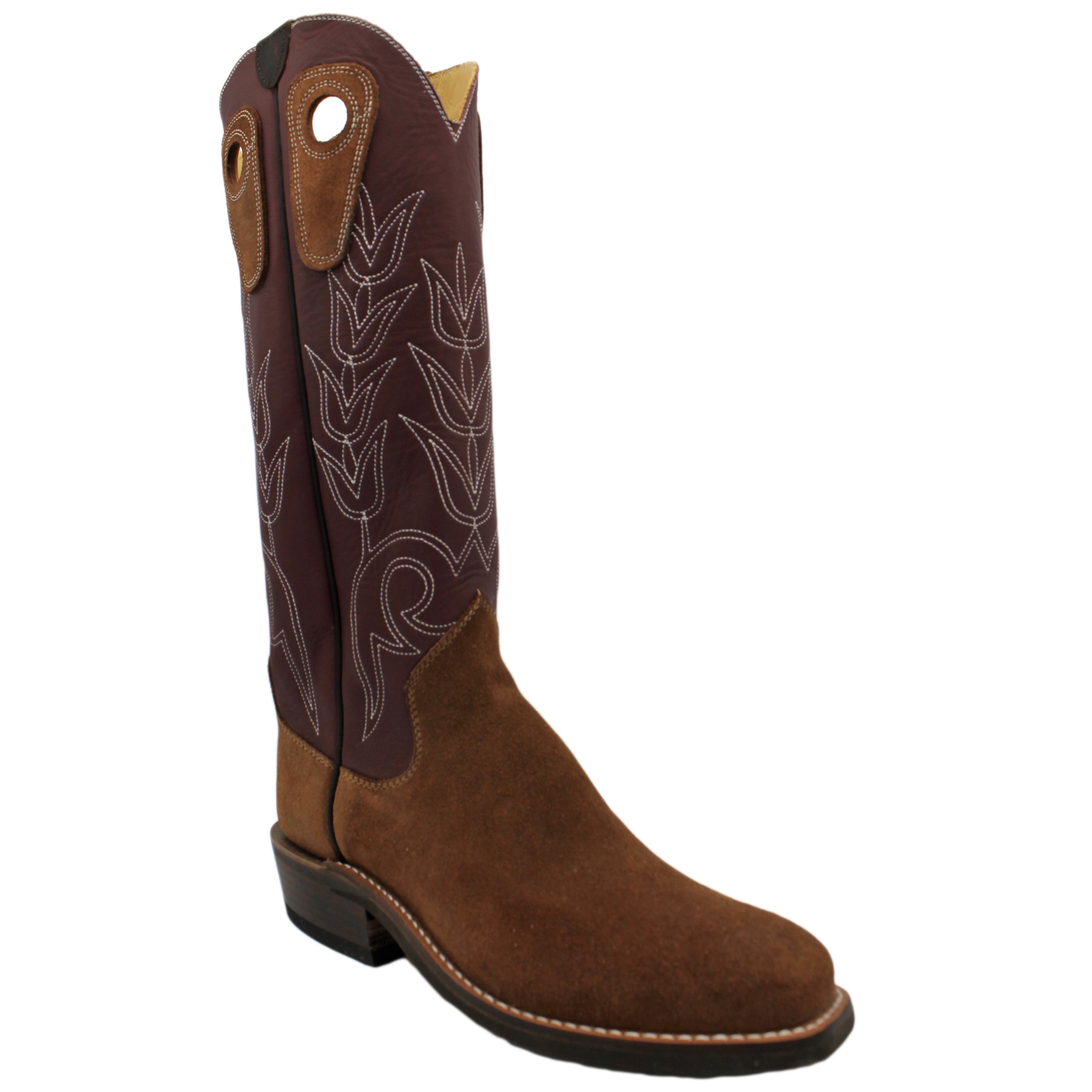 16" Wine Uppers w/ Tulip Stitching

Brown Timberjack Rough Out Steer Vamp

Regular French Square Toe

Slightly Tapered Heel