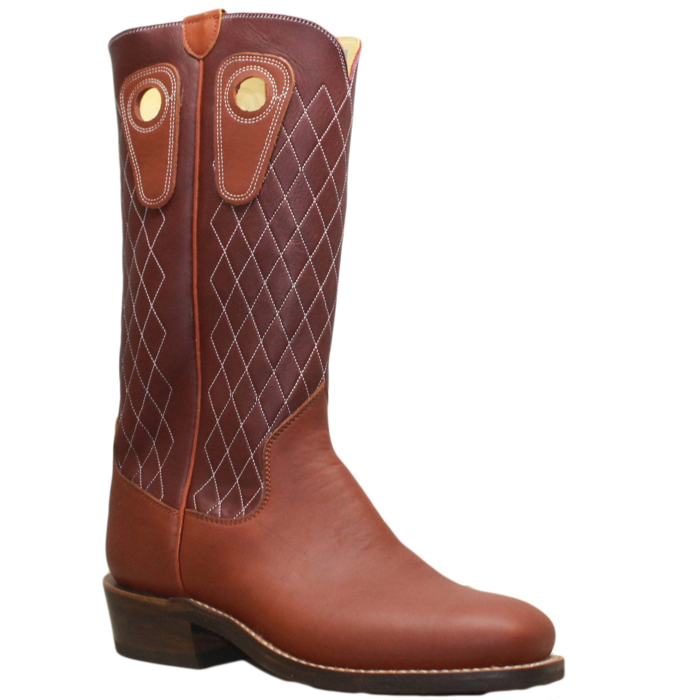 14" Wine upper w/ Diamond Stitching

Tan Timberjack Steer Vamp

Wide French Square Toe

Slightly Tapered Heel